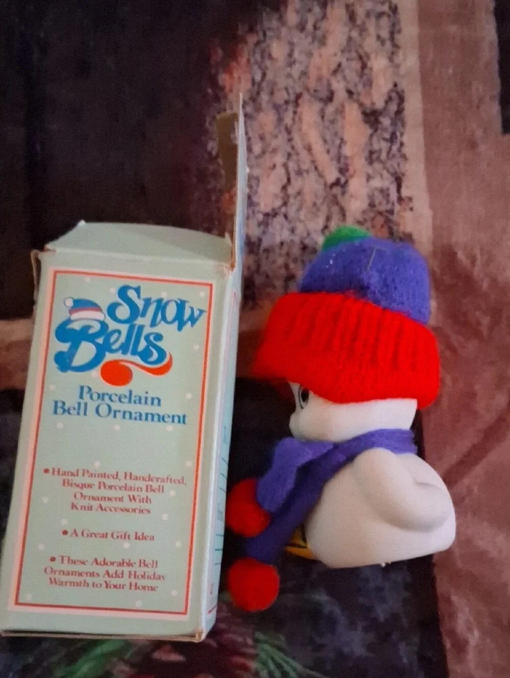 Porcelain Snowman Bell Ornament - Red Hat, Purple Scarf